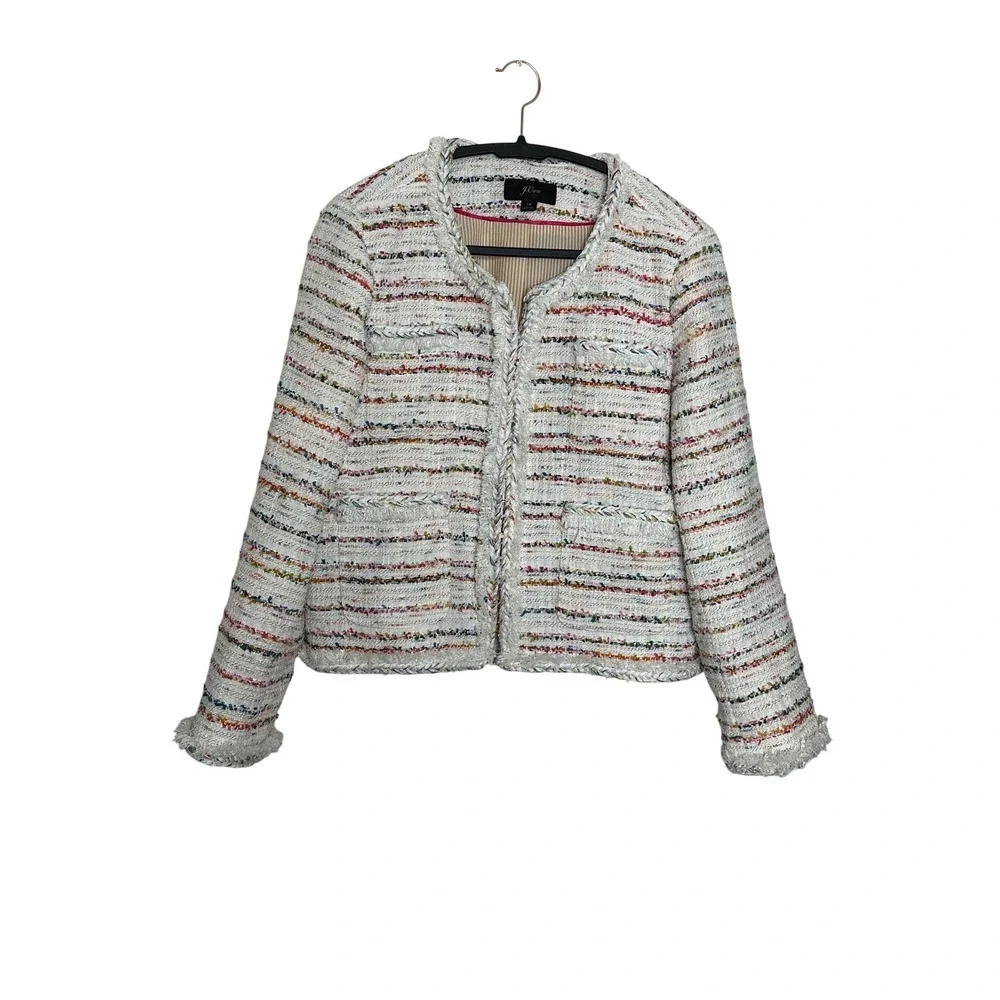 J. Crew Tweed Blazer Jacket Multicolor Striped Collarless Size 14